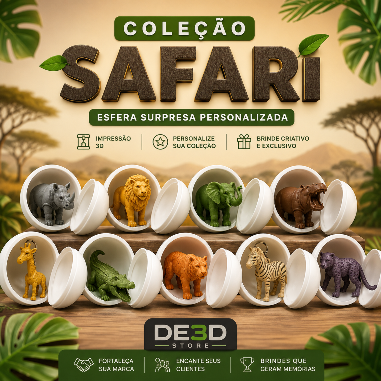Esfera Surpresa Personalizada Coleção Safari produzida em impressão 3D