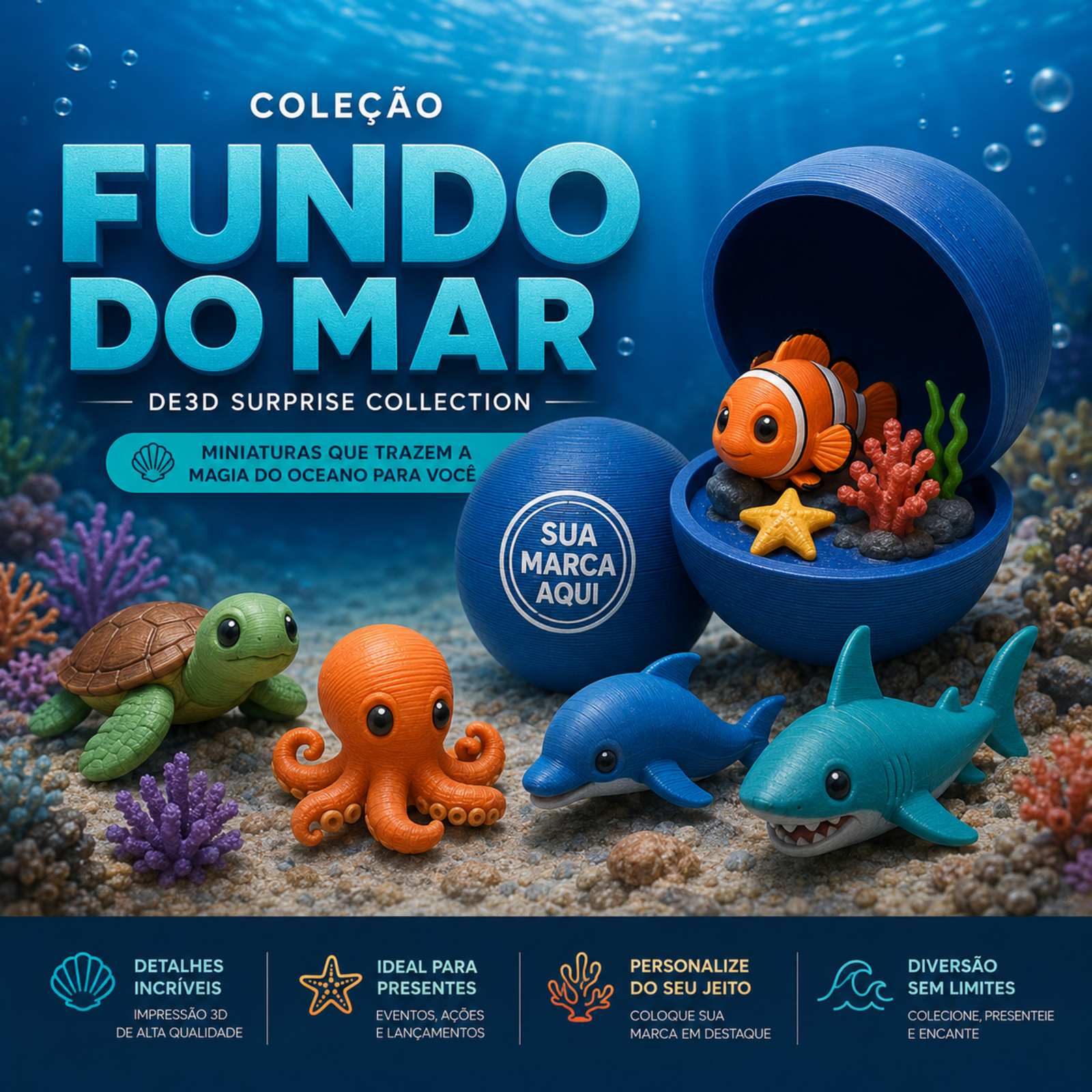 Esfera Surpresa Personalizada Coleção Fundo do mar produzida em impressão 3D